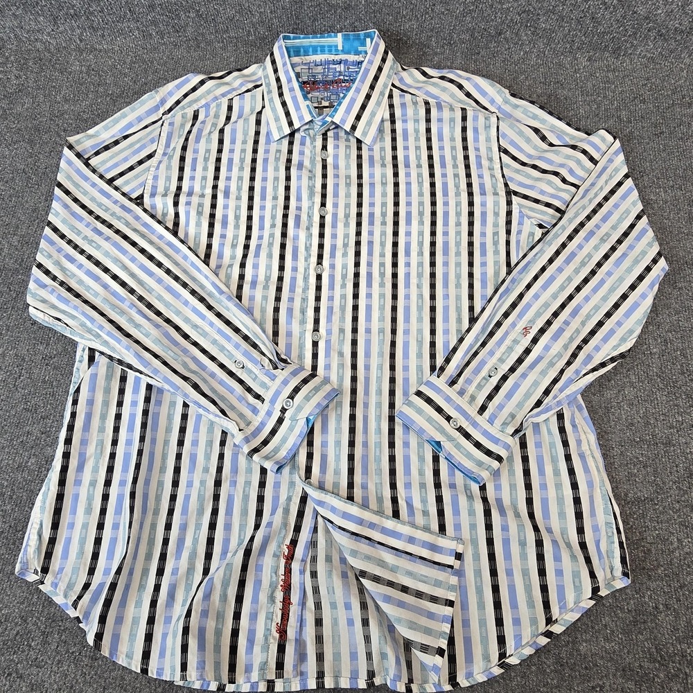 Robert Graham Shirt Mens 2XL Blue White Stripe Classic Fit Button Front Cotton